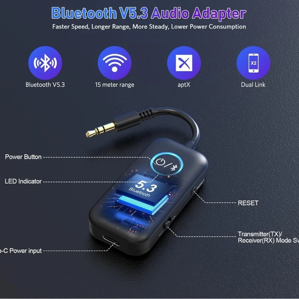 Bluetooth 5.3 Transmitter Receiver for TV/Airplane to 2 Headphones (047)